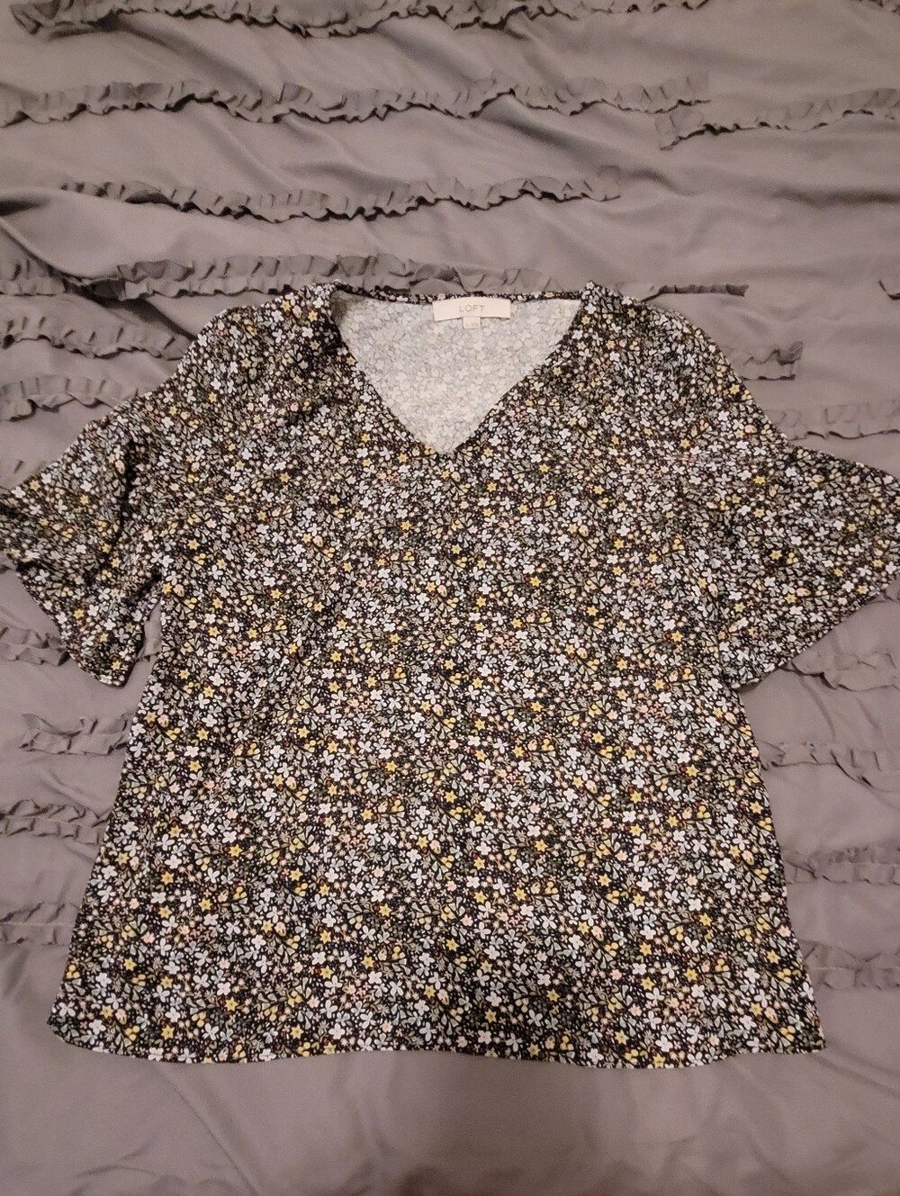 LOFT Navy Floral V-Neck Mixed Media Blouse